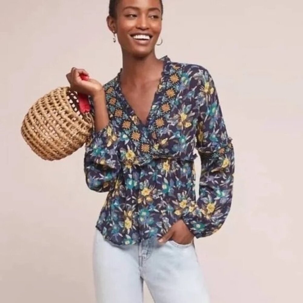Anthropologie Meadow Rue Strasser Floral Embroidered Bohemian Blouse Women's XSP